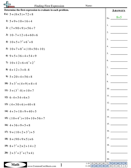 Order of Operations Worksheets - Finding First Expression worksheet